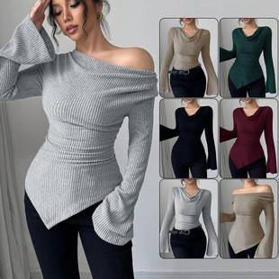Blouse Off Shoulder - بلوزة نسائية بأكمام طويلة بلون واحد،