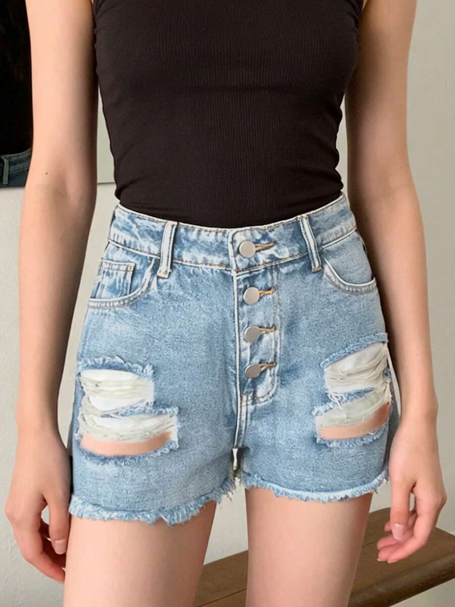 Shorts Denim Frayed - شورت جينز نسائي متوسط الارتفاع بتصميم