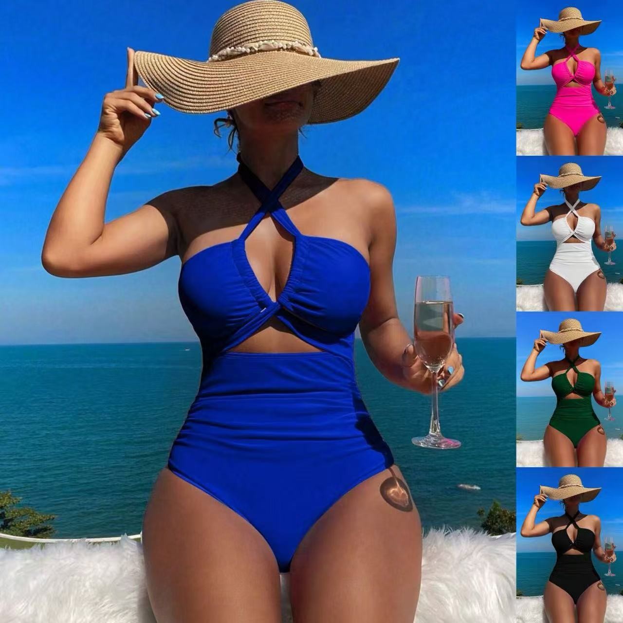 Swimsuit Bikini Ruched - ملابس سباحة نسائية سوداء بتصميم هالتر