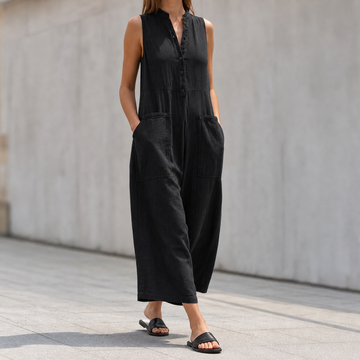 Jumpsuit Linen Relaxed - بدلة نسائية بدون أكمام ذات ياقة