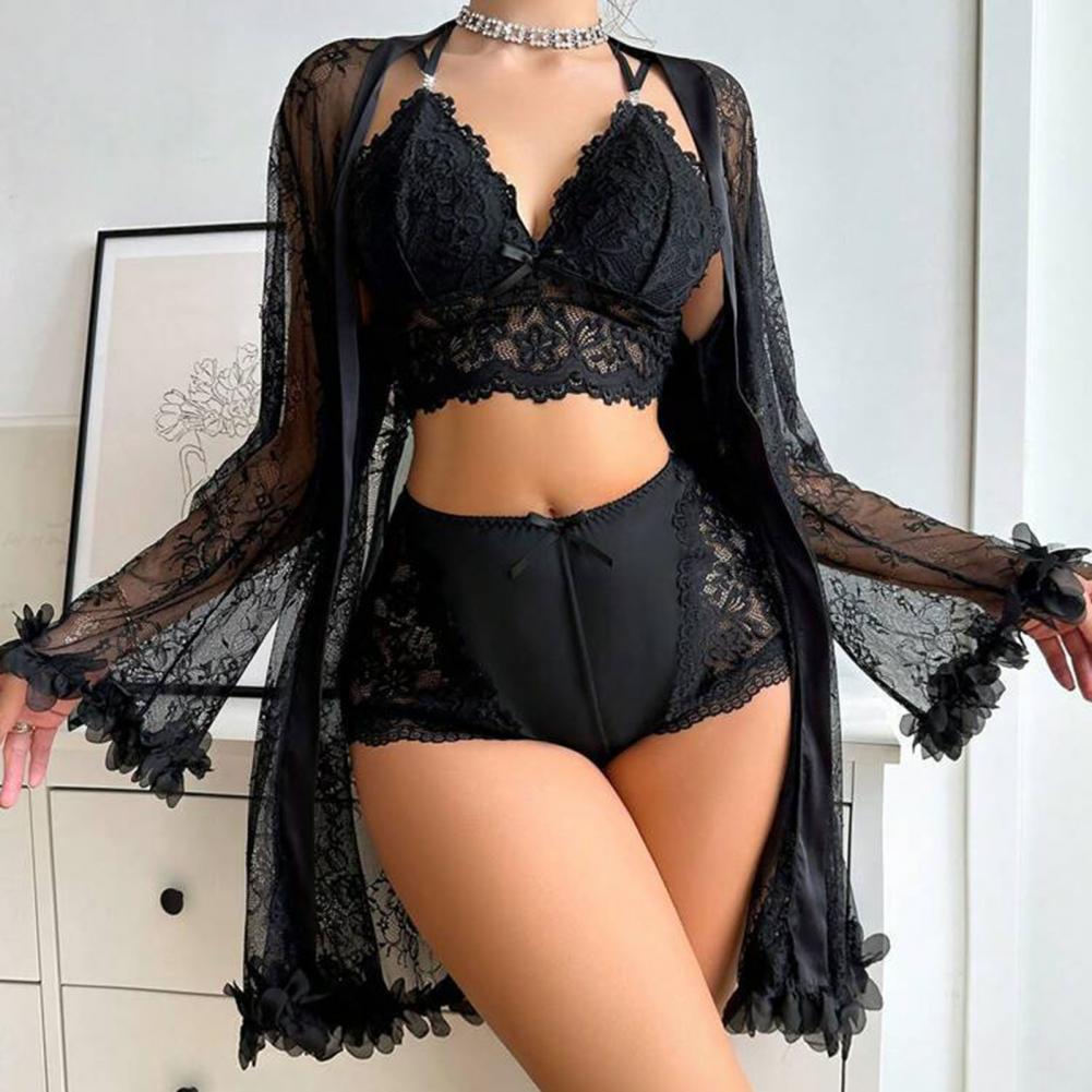 Kimono Sheer Floral - طقم ملابس نوم مثير من الدانتيل
