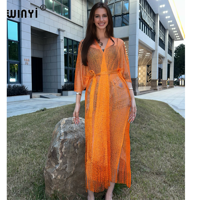 Cover Up Kaftan - WINYI-فستان كيمونو شاطئ مجوف مع حزام