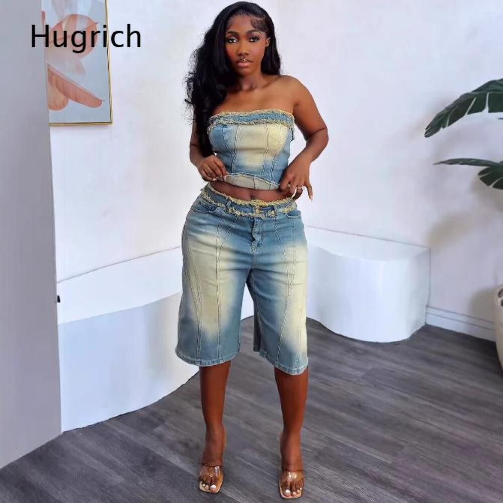 Shorts Denim Frayed - طقم نسائي: توب قصير بدون حمالات