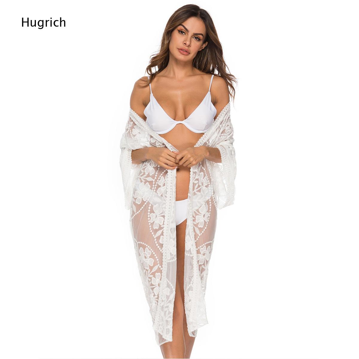 Kimono Sheer Floral - كيمونو طويل أبيض سادة بتطريز زهري