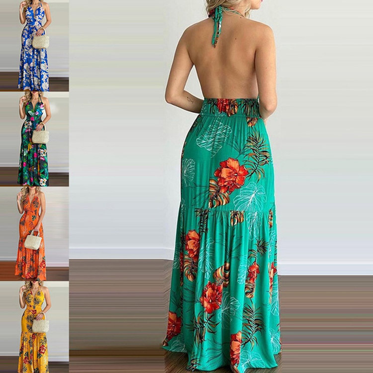 Maxi Dress Halter - فستان ماكسي مزهر طويل بظهر مفتوح،