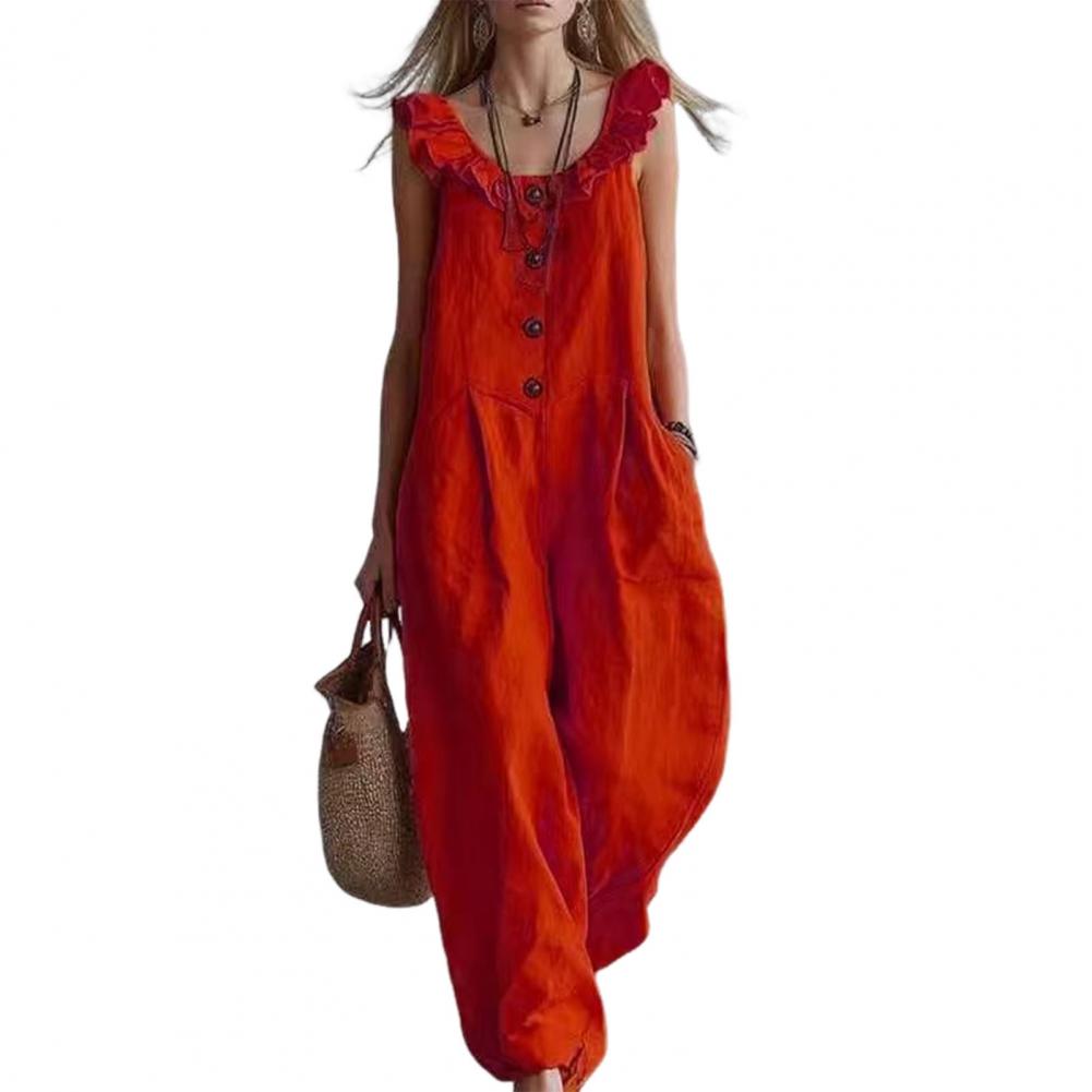 Jumpsuit Linen Relaxed - رومبير نسائي مريح بقصة واسعة، بياقة