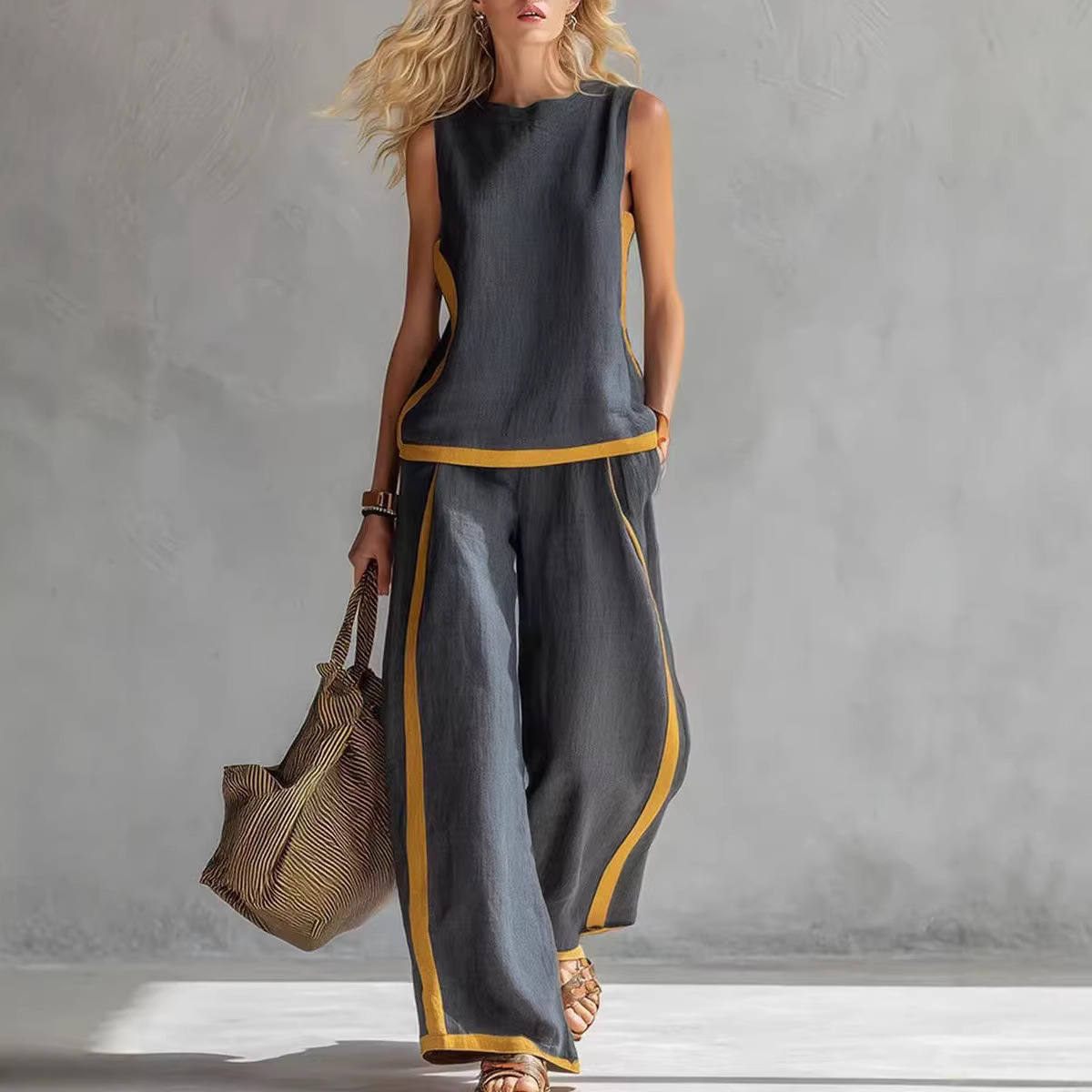 Linen Pant Wide - طقم نسائي من قطعتين من الكتان