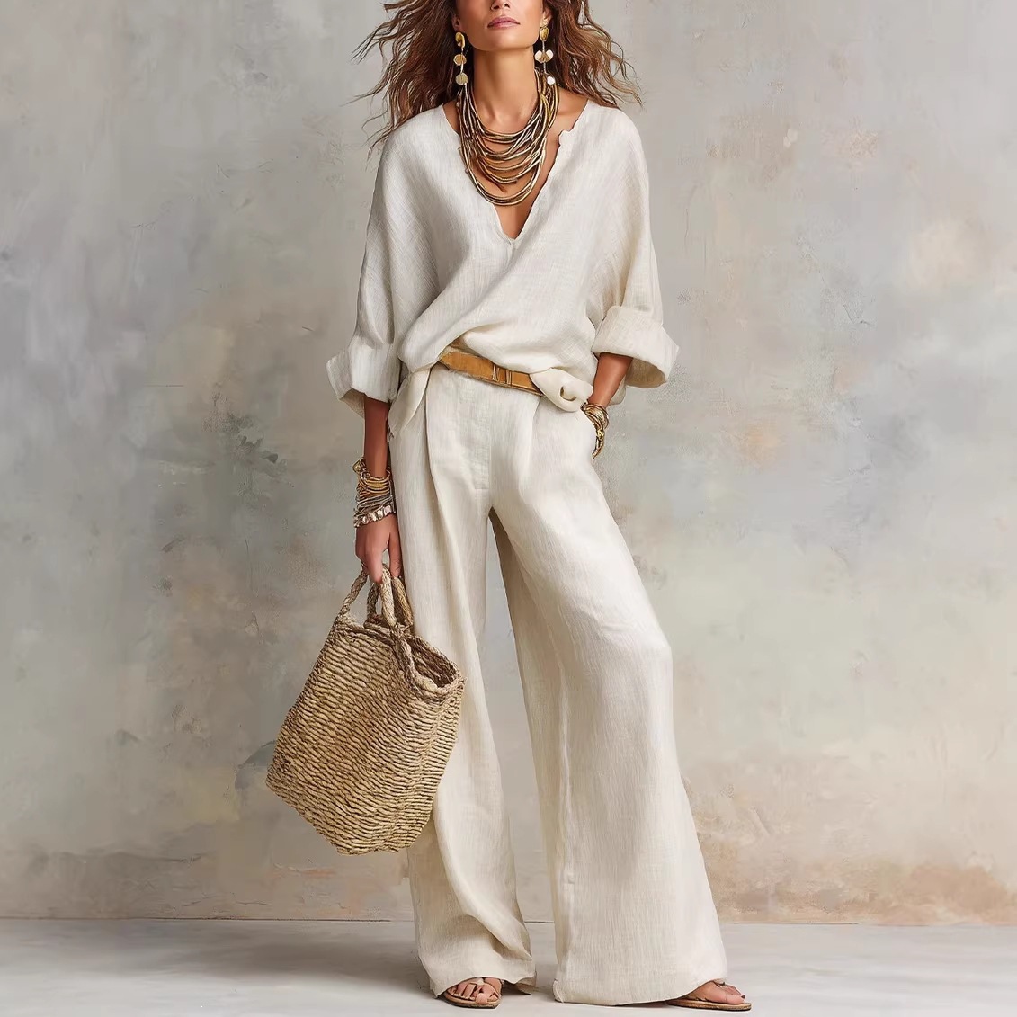 Linen Pant Wide - طقم نسائي كاجوال بسيط من القطن