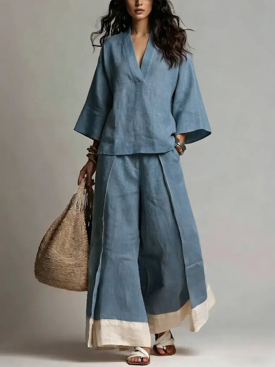 Linen Pant Wide - طقم نسائي صيفي من القطن والكتان