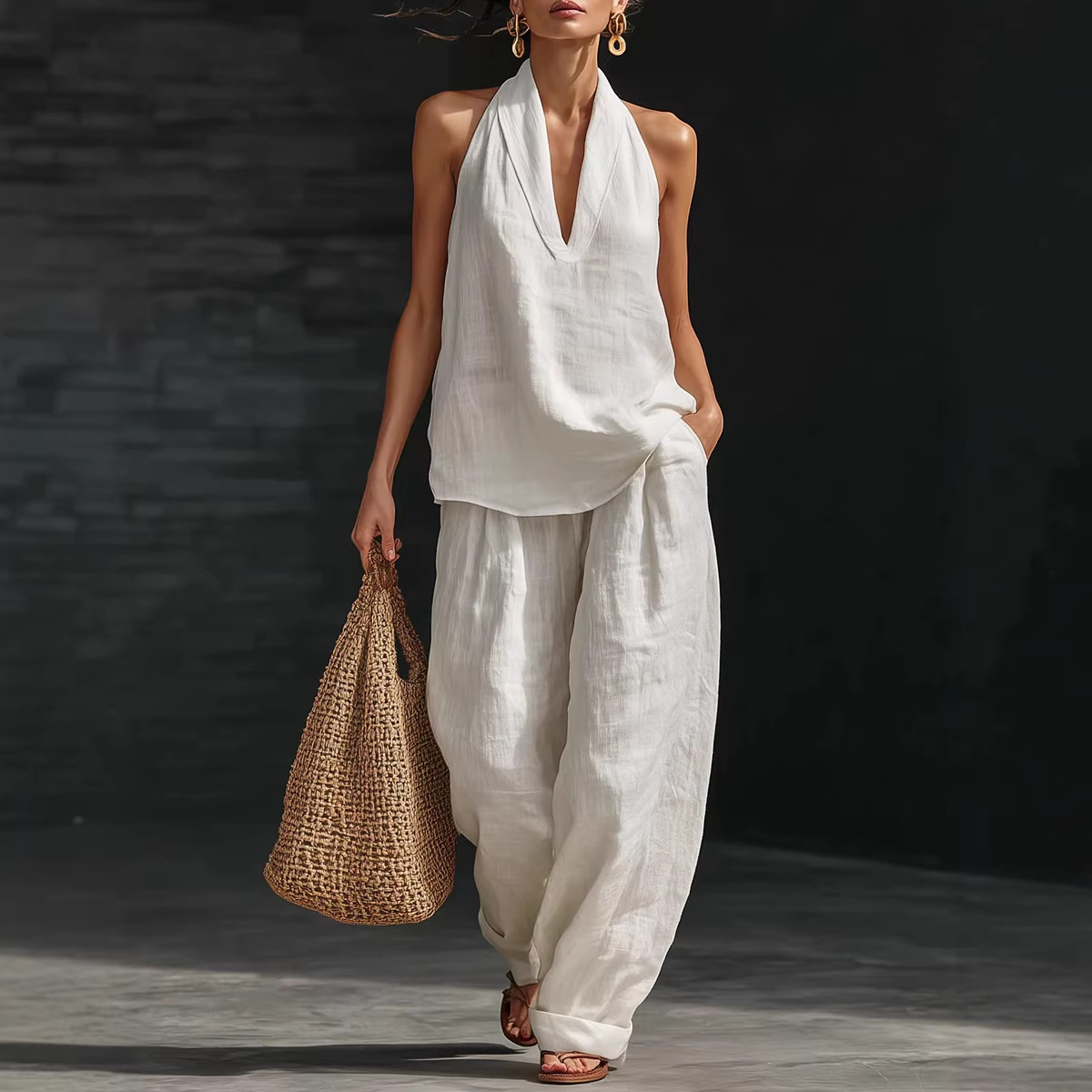 Linen Pant Wide - طقم صيفي من القطن والكتان بتصميم