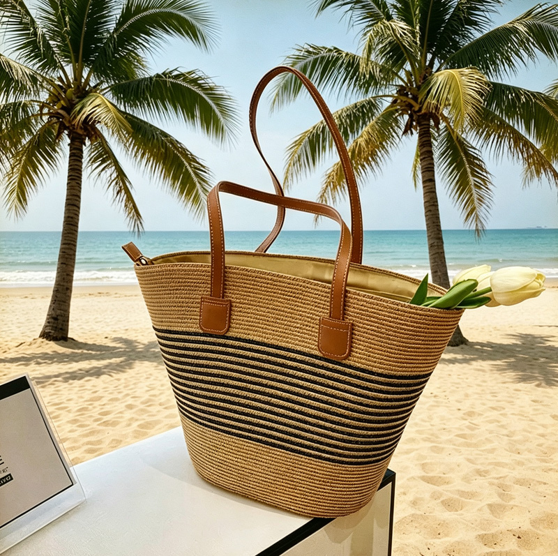 Tote Bag Beach - حقيبة يد نسائية من القش المخطط