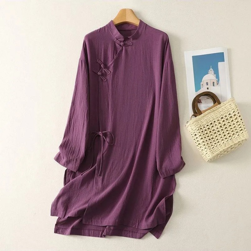 Linen Dress Wrap - فستان نسائي بتصميم صيني بأزرار على