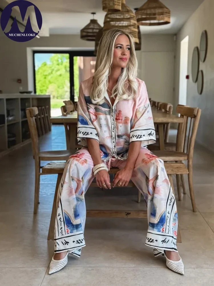 Linen Pant Wide - 2 قطعة مجموعة للمرأة الصيف جديد