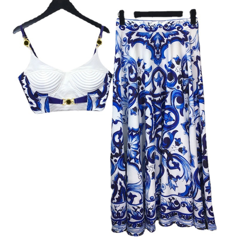 Romper Floral Print - طقم صيفي من البورسلين الأزرق والأبيض