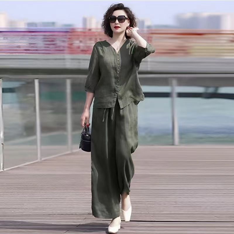 Linen Pant Wide - طقم من قطعتين من القطن والكتان