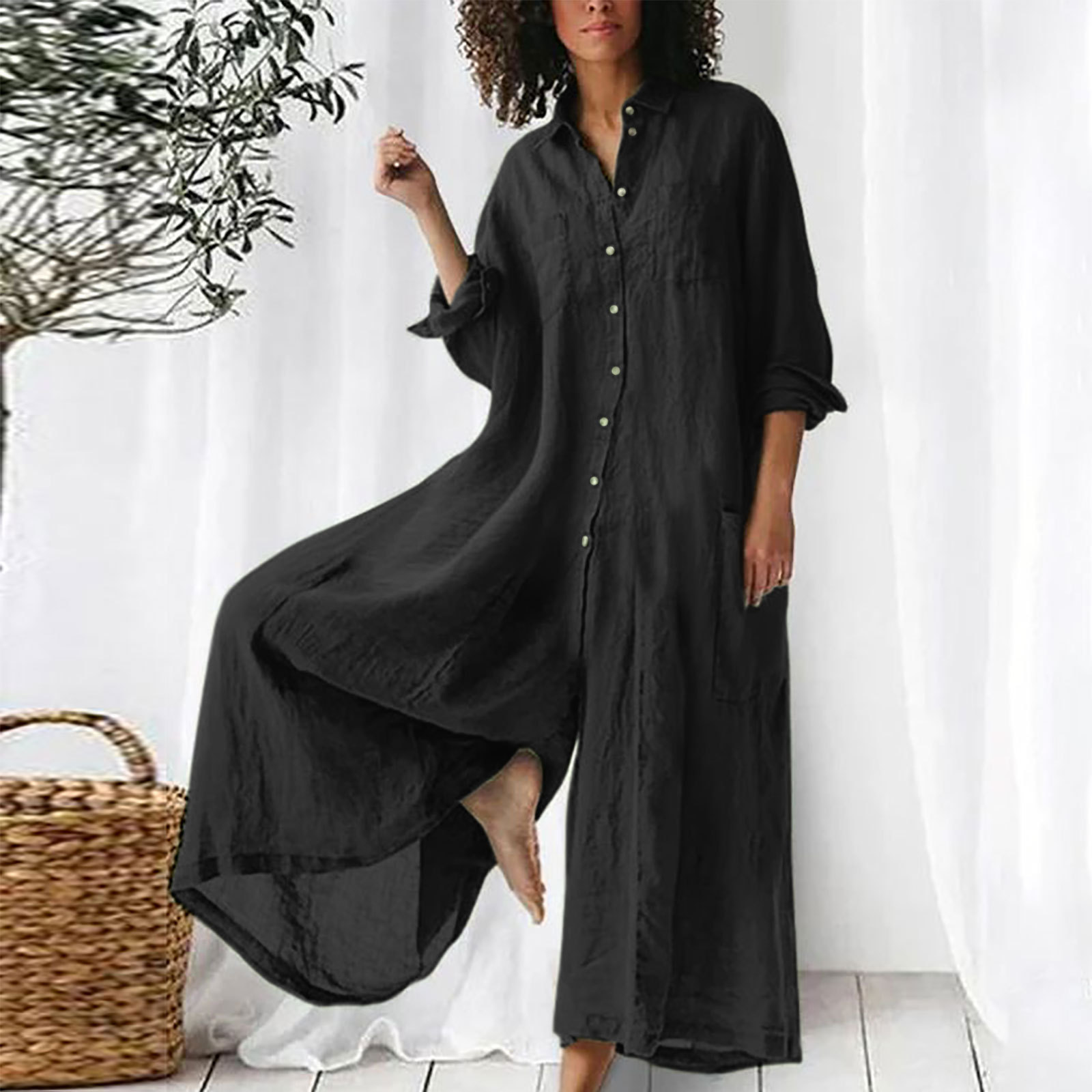 Jumpsuit Linen Relaxed - جمبسوت نسائي يومي بأكمام طويلة، جمبسوت