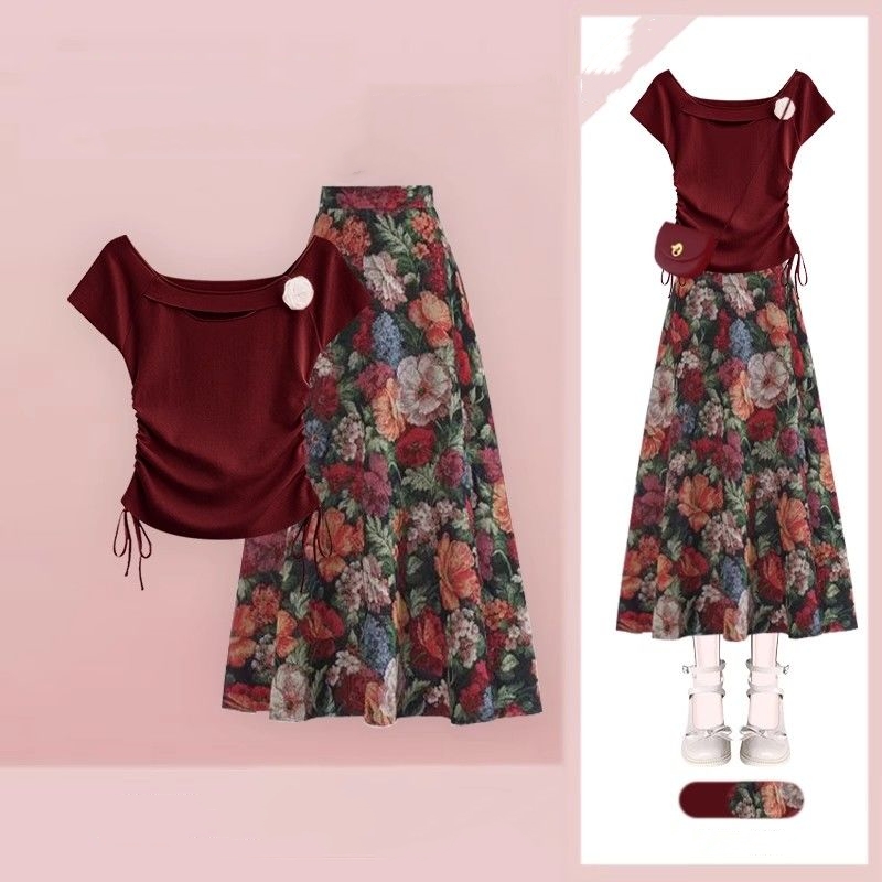 Midi Skirt Floral - المرأة محظوظ النبيذ الأحمر تي شيرت