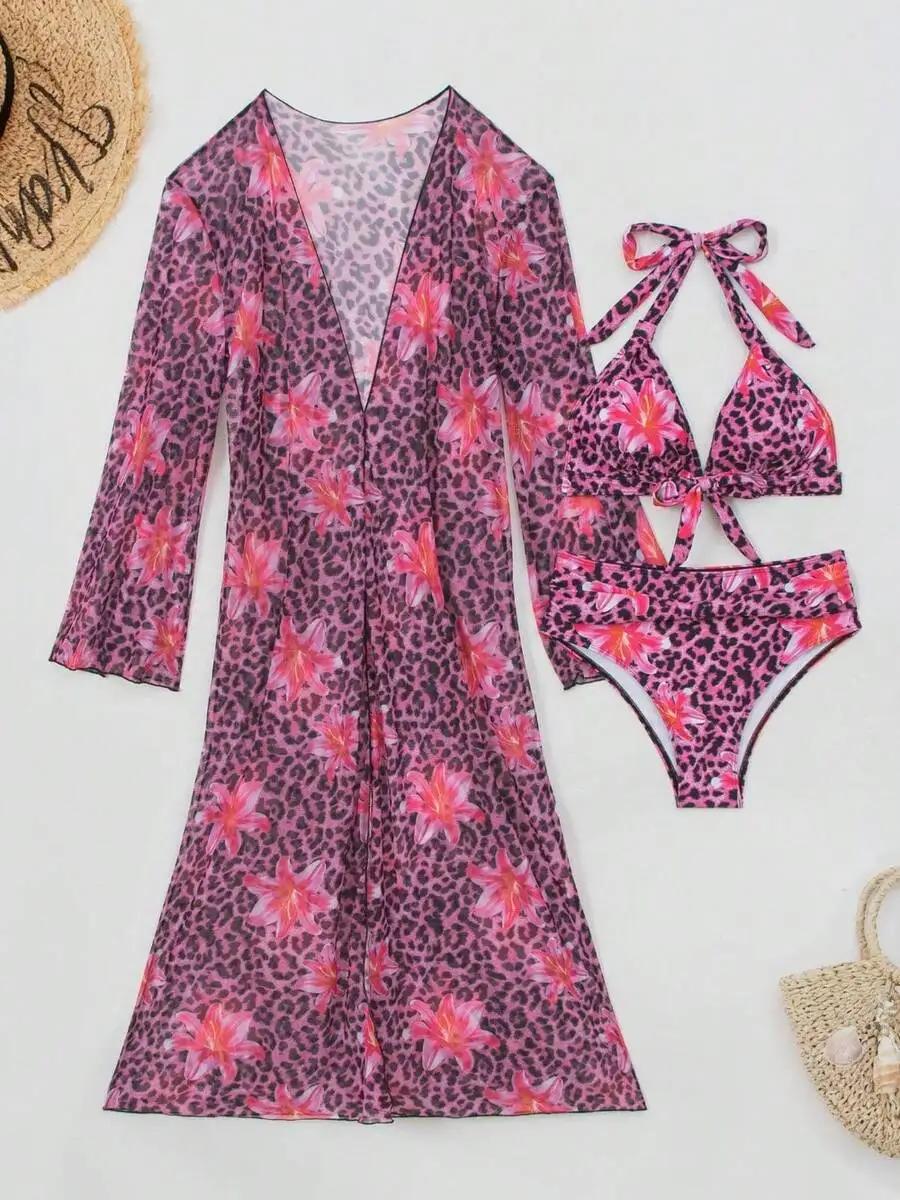 Kimono Sheer Floral - طقم بيكيني نسائي من 3 قطع