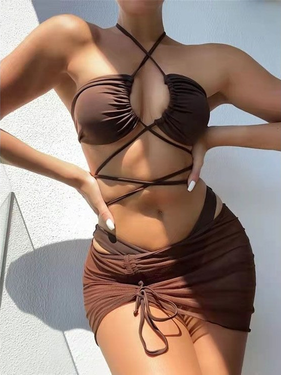 Swimsuit Bikini Ruched - بيكيني نسائي عالي الخصر بقطعتين، موديل