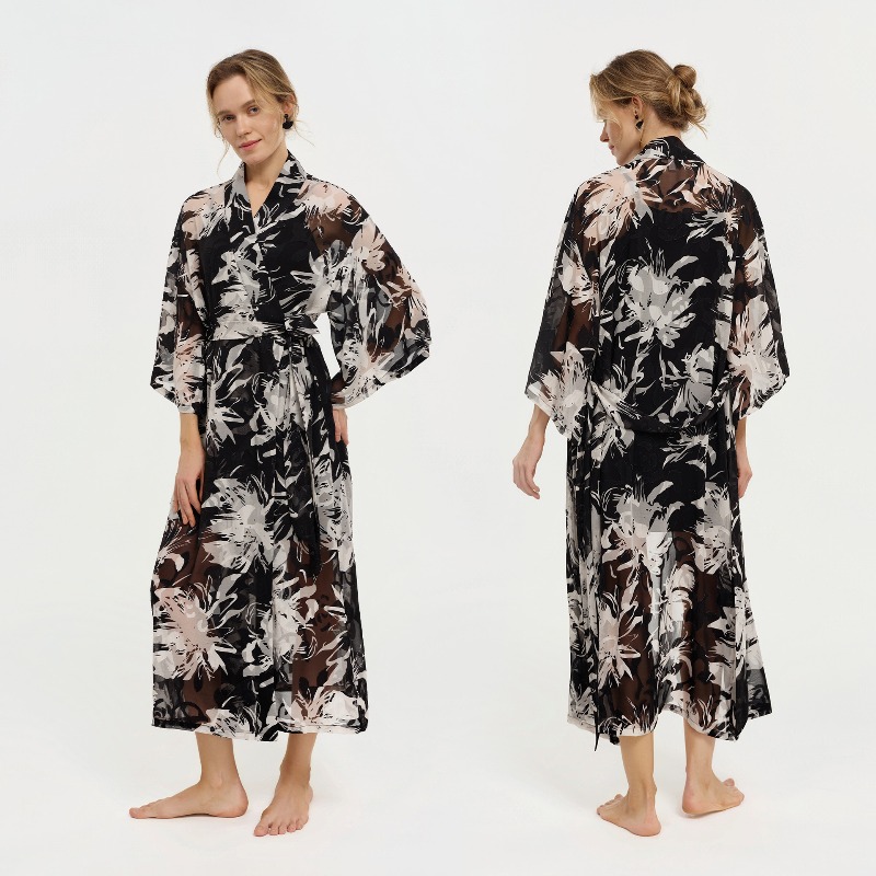 Kimono Sheer Floral - روب استحمام نسائي طويل من الشيفون
