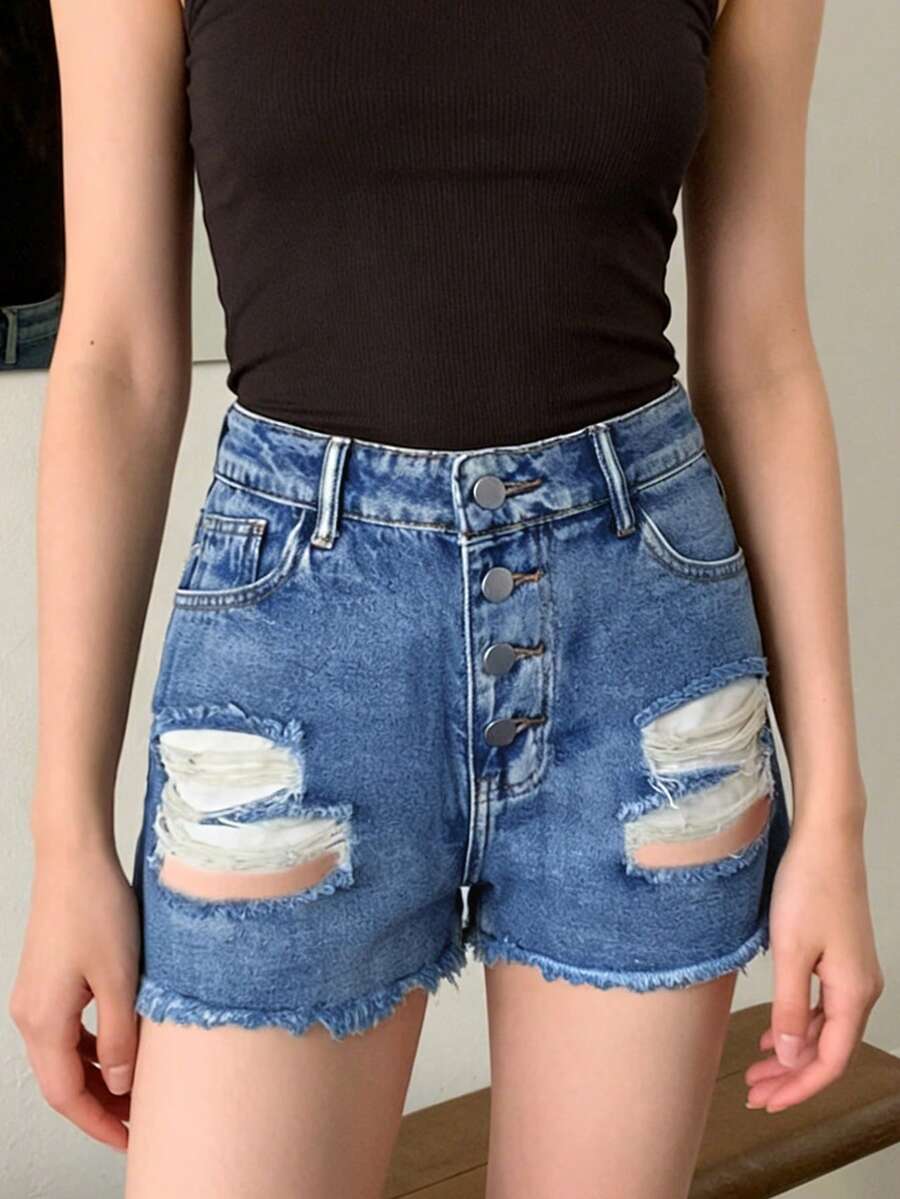شورت جينز نسائي متوسط الارتفاع - مراجعة Shorts Denim Frayed وسعره