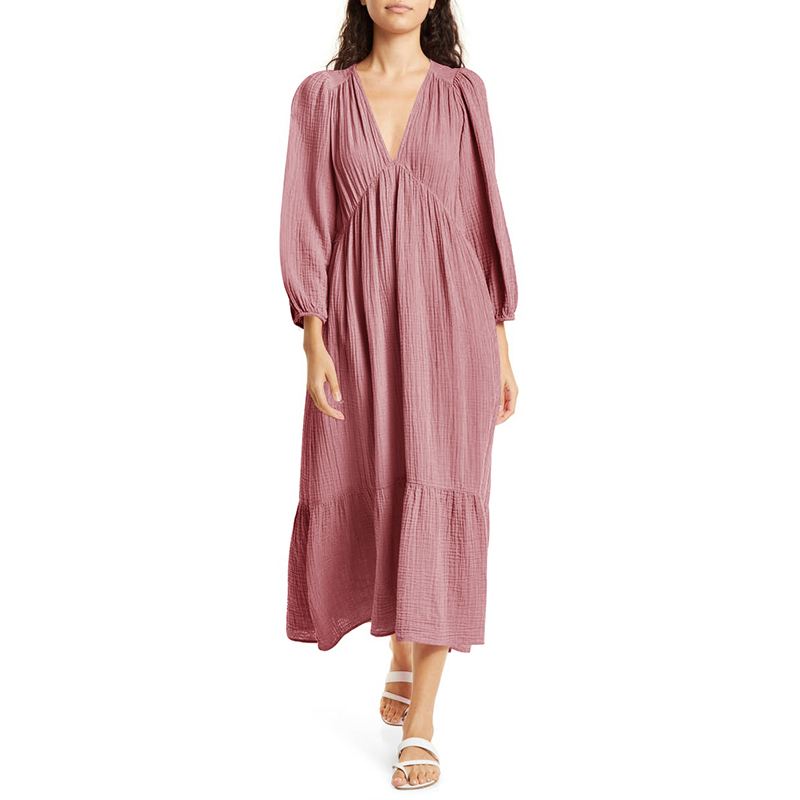 فساتين قطنية طويلة الأكمام موس - مراجعة Linen Dress Wrap وسعره