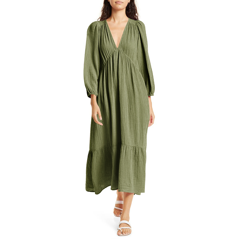 فساتين قطنية طويلة الأكمام موس - مراجعة Linen Dress Wrap وسعره