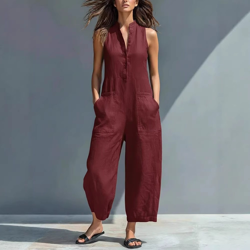 بدلة نسائية بدون أكمام ذات ياق - مراجعة Jumpsuit Linen Relaxed وسعره