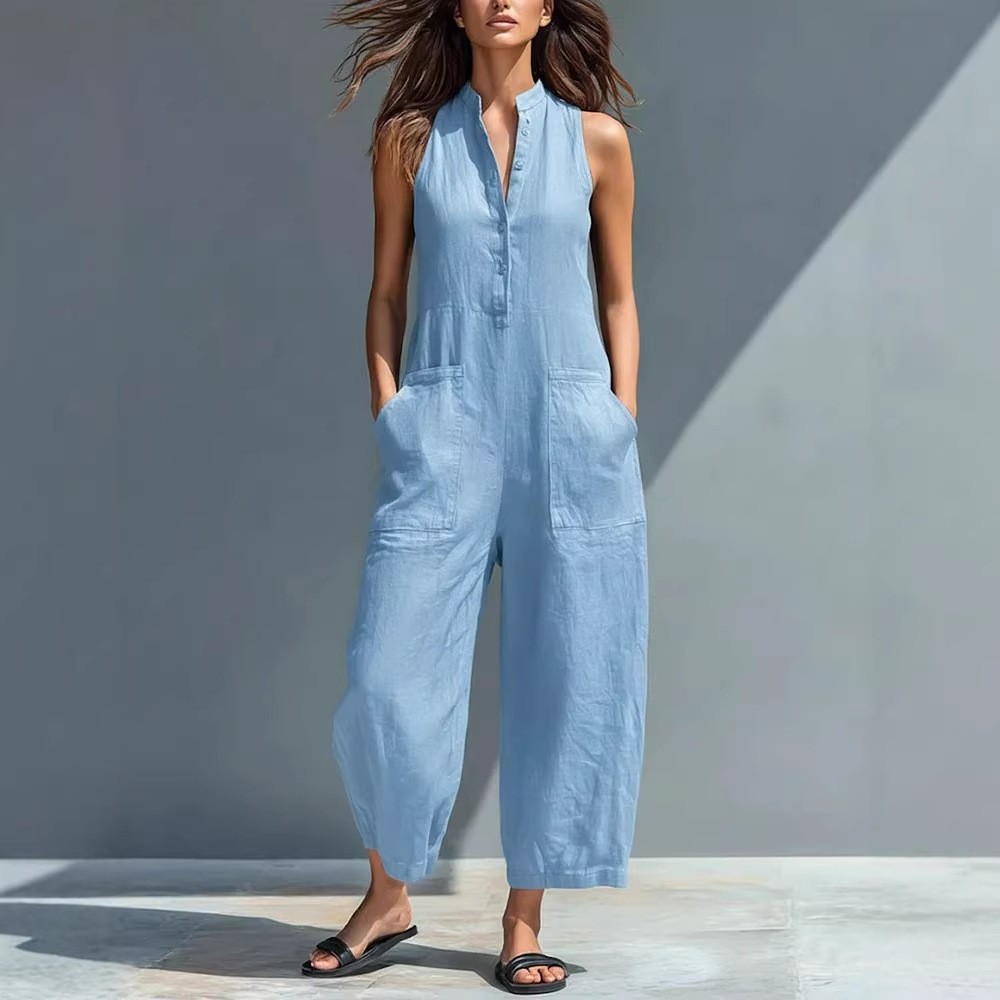 بدلة نسائية بدون أكمام ذات ياق - مراجعة Jumpsuit Linen Relaxed وسعره