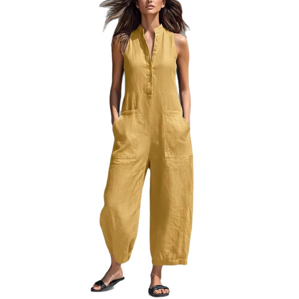 بدلة نسائية بدون أكمام ذات ياق - مراجعة Jumpsuit Linen Relaxed وسعره