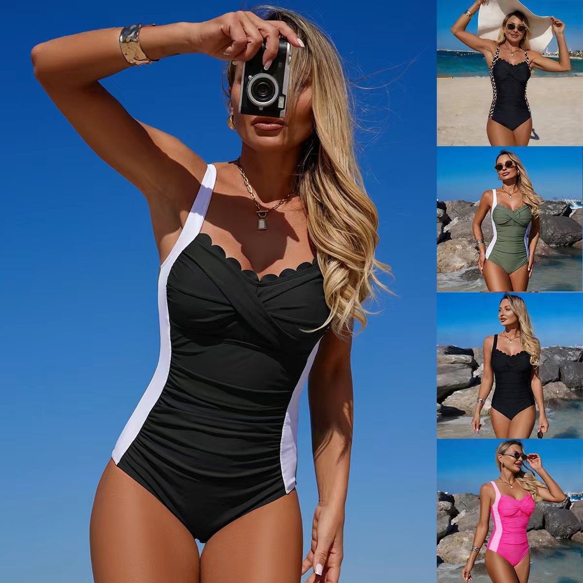 بدلة سباحة سوداء بفتحة رقبة مز - مراجعة Swimsuit Bikini Ruched وسعره