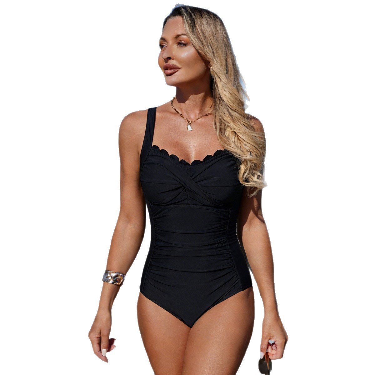 بدلة سباحة سوداء بفتحة رقبة مز - مراجعة Swimsuit Bikini Ruched وسعره