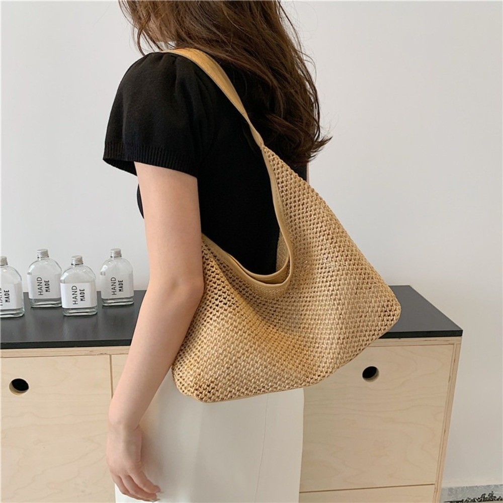 حقيبة قش منسوجة بلون واحد أنيق - مراجعة Tote Bag Beach وسعره