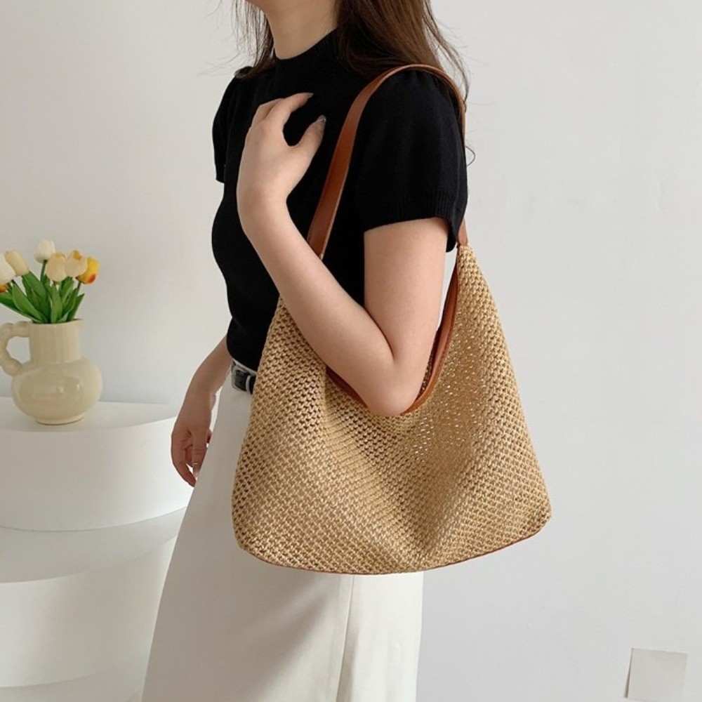 حقيبة قش منسوجة بلون واحد أنيق - مراجعة Tote Bag Beach وسعره