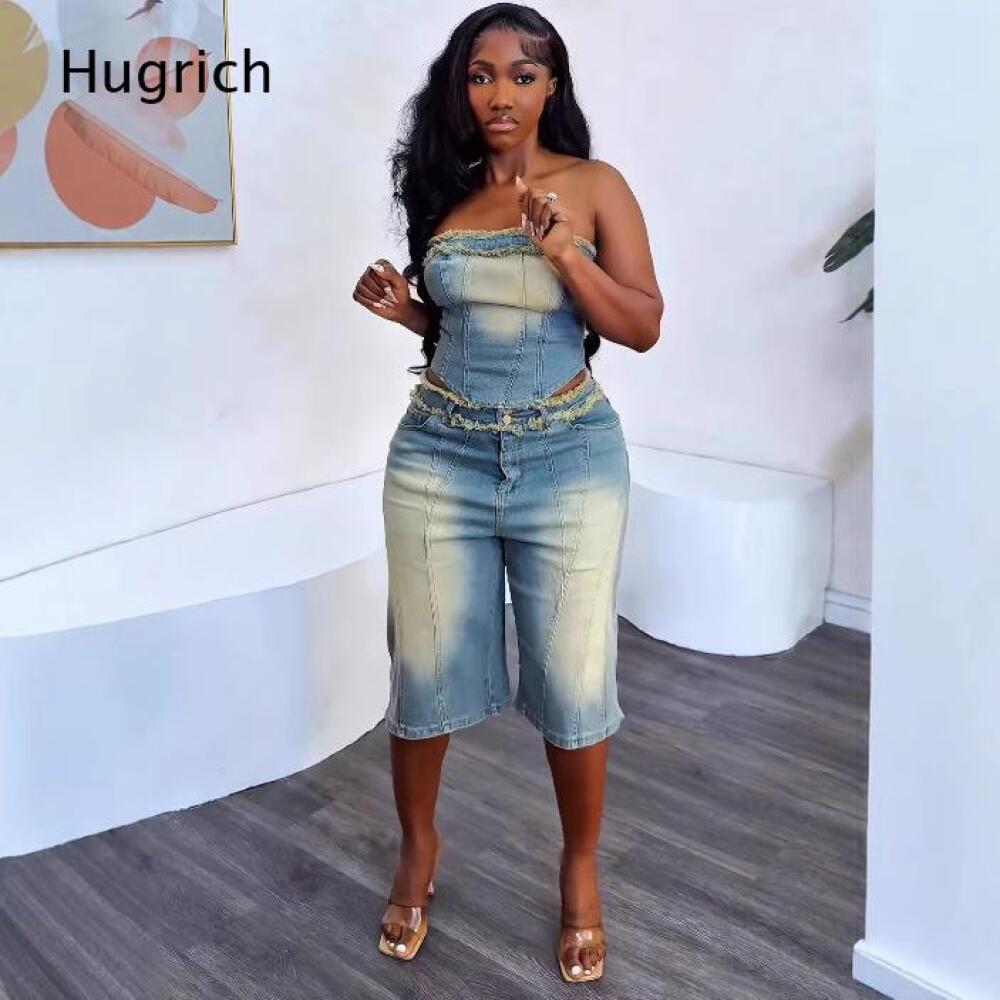 طقم نسائي: توب قصير بدون حمالا - مراجعة Shorts Denim Frayed وسعره