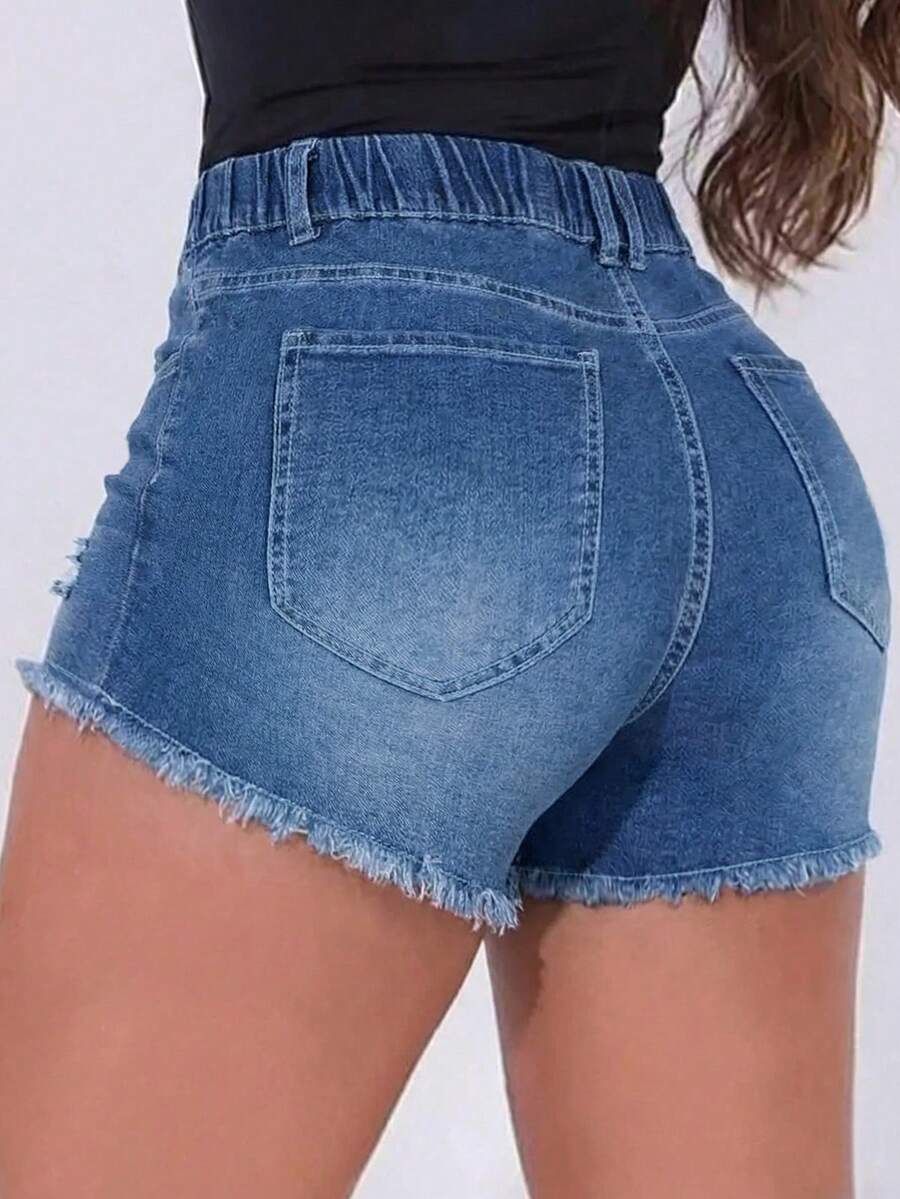شورت نسائي من الدنيم ذو خصر مط - مراجعة Shorts Denim Frayed وسعره