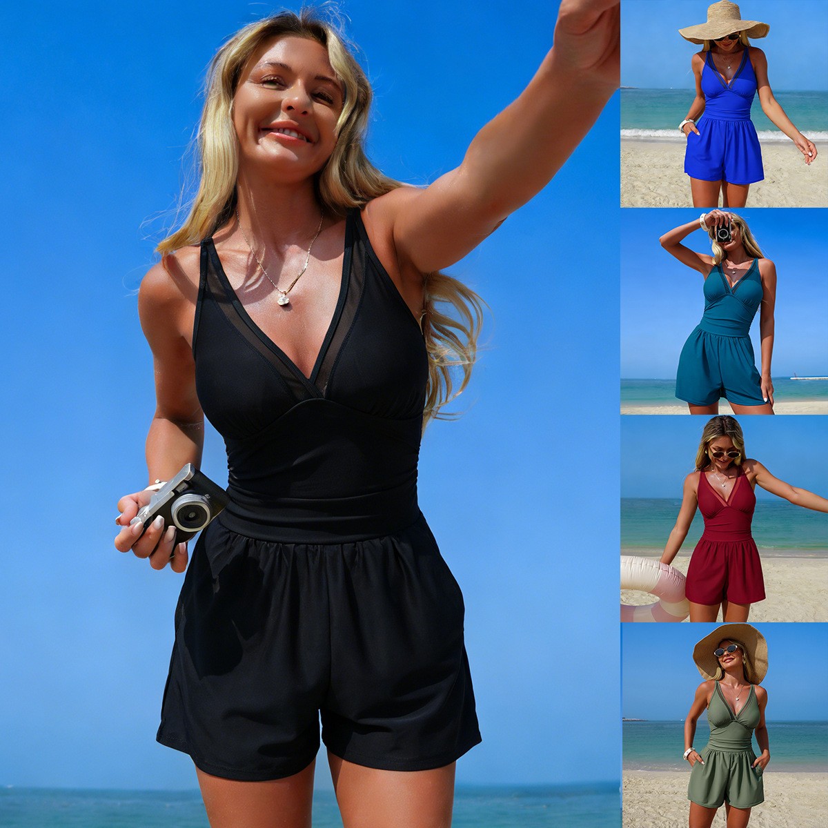 ملابس سباحة سوداء بلون موحد بد - مراجعة Swimsuit Bikini Ruched وسعره