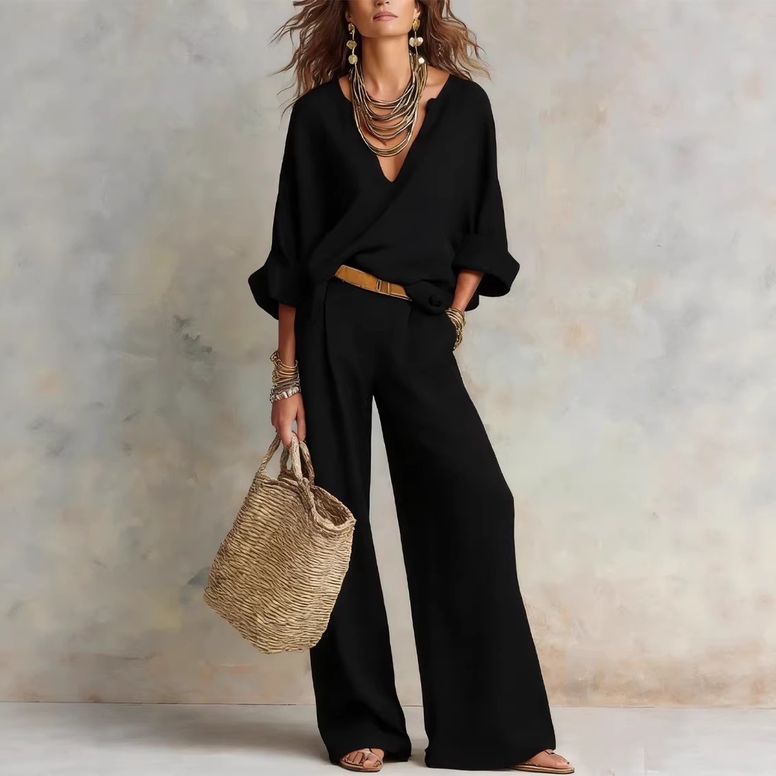 طقم نسائي كاجوال بسيط من القطن - مراجعة Linen Pant Wide وسعره