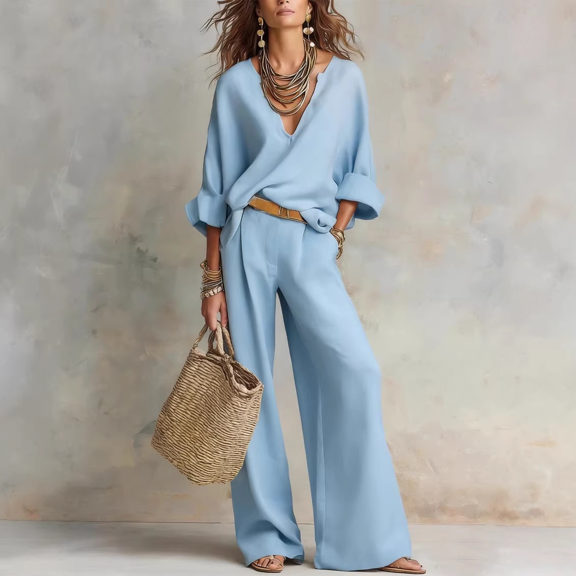 طقم نسائي كاجوال بسيط من القطن - مراجعة Linen Pant Wide وسعره
