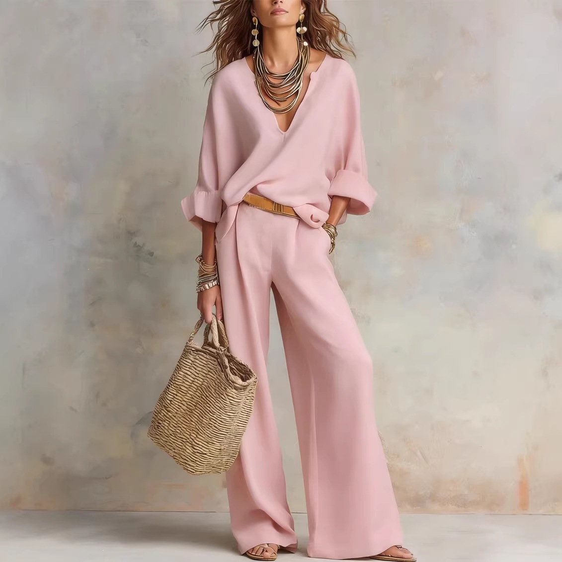 طقم نسائي كاجوال بسيط من القطن - مراجعة Linen Pant Wide وسعره