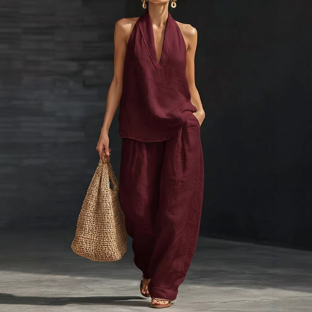طقم صيفي من القطن والكتان بتصم - مراجعة Linen Pant Wide وسعره