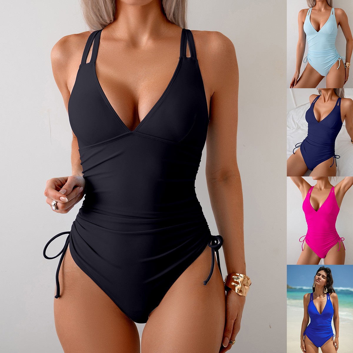 بدلة سباحة سوداء سادة بفتحة رق - مراجعة Swimsuit Bikini Ruched وسعره