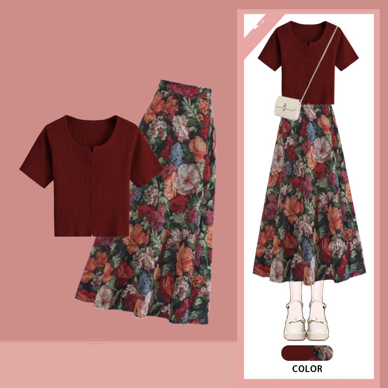 المرأة محظوظ النبيذ الأحمر تي  - مراجعة Midi Skirt Floral وسعره