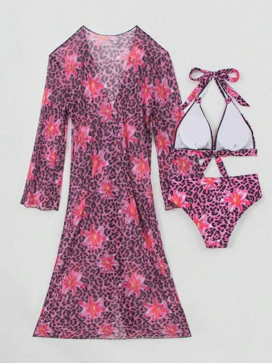 طقم بيكيني نسائي من 3 قطع بطبع - مراجعة Kimono Sheer Floral وسعره