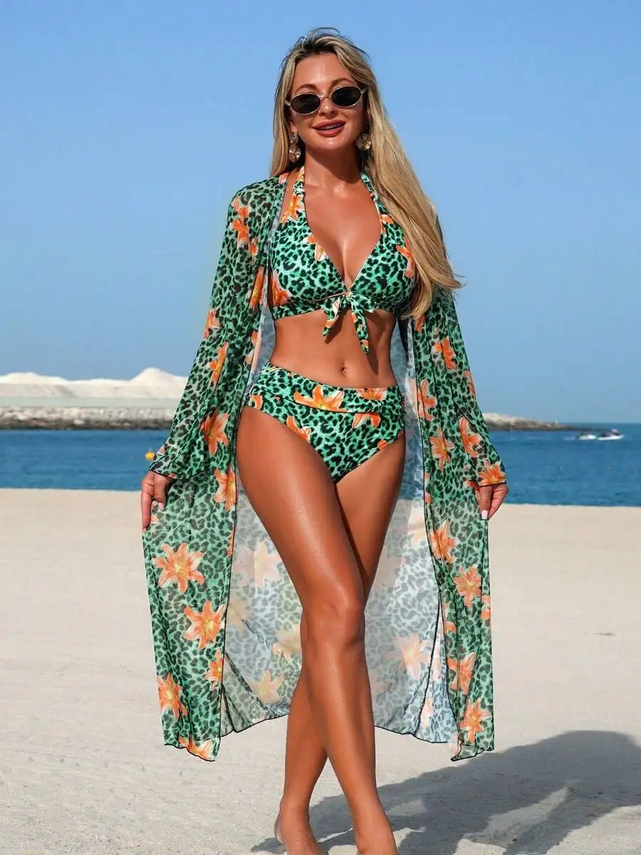 طقم بيكيني نسائي من 3 قطع بطبع - مراجعة Kimono Sheer Floral وسعره