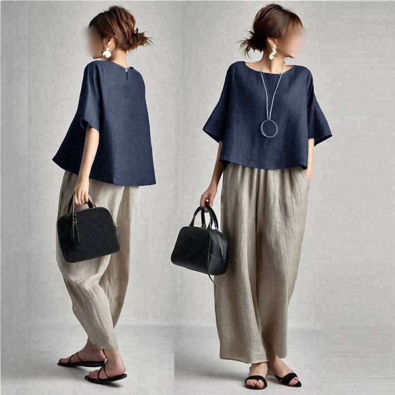 طقم نسائي من قطعتين، بلون موحد - مراجعة Linen Pant Wide وسعره
