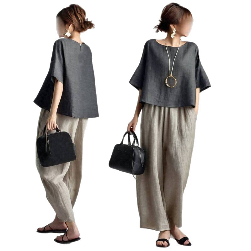 طقم نسائي من قطعتين، بلون موحد - مراجعة Linen Pant Wide وسعره