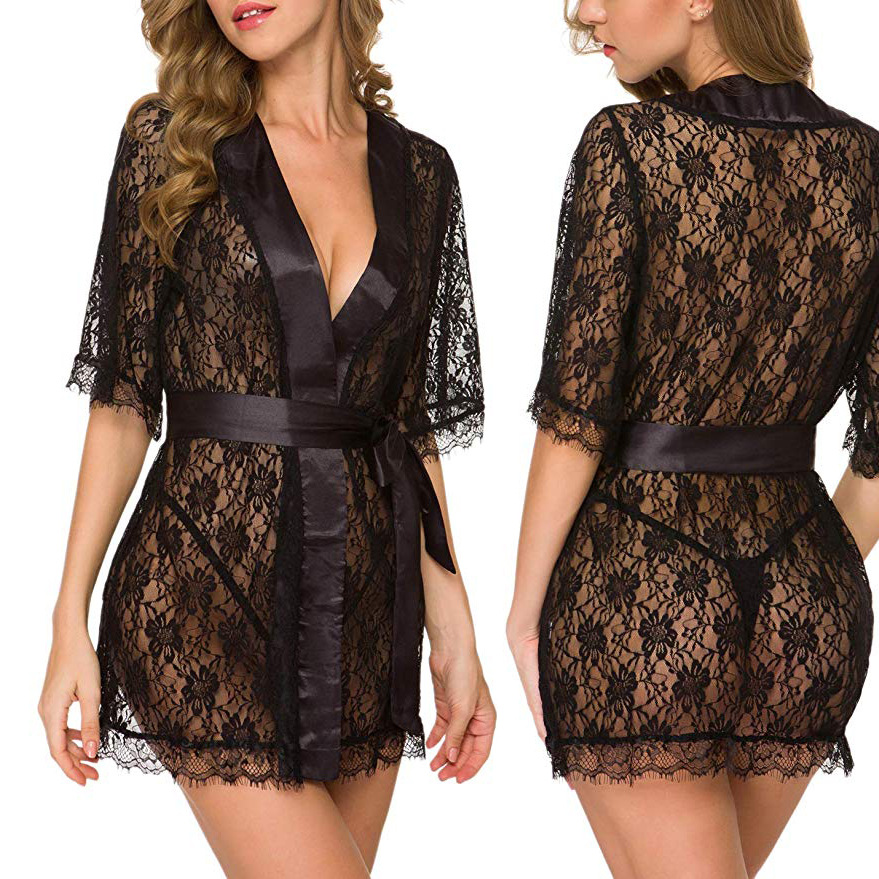 قميص نوم نسائي مزين بالدانتيل  - مراجعة Kimono Sheer Floral وسعره